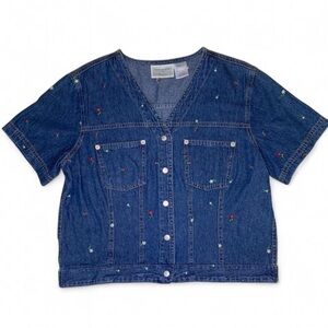 Susan Bristol Denim Snap Button-Up Shirt with Floral Embroidery